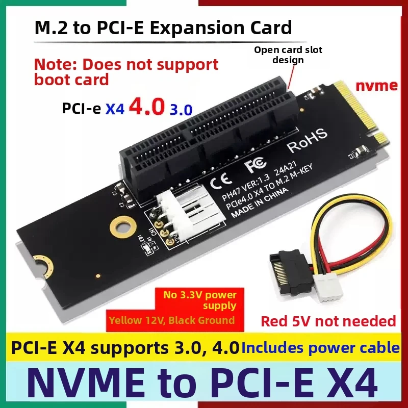 NGFF M.2 M-Key to PCIe X4 Expansion Card Adapter, Converts M.2 Interface into a PCI-E Slot, Facilitating the Installation of Des