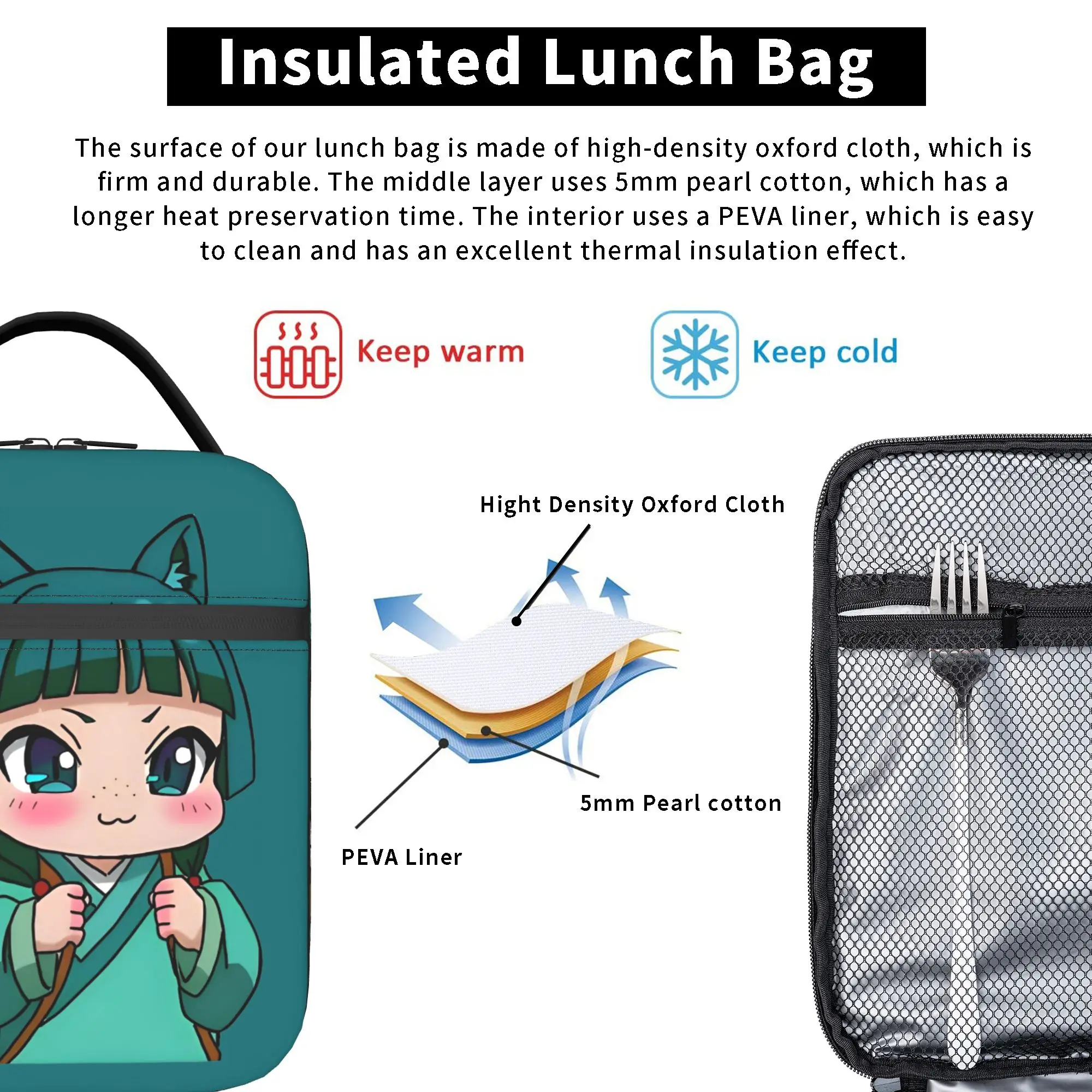 Maomao Chibi Isolierte Lunchtasche, Thermotasche, wiederverwendbar, Lunchbehälter, The Apothecary Diaries, tragbare Lunchbox, Lebensmitteltasche – Detail 5