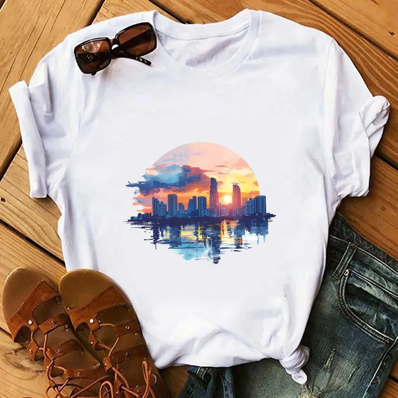 Fashion City Scenery Watercolor Painting Patch For Clothes Heat Transfer Sticker Iron On Vinyl For Clothes Sunrise and Sunset