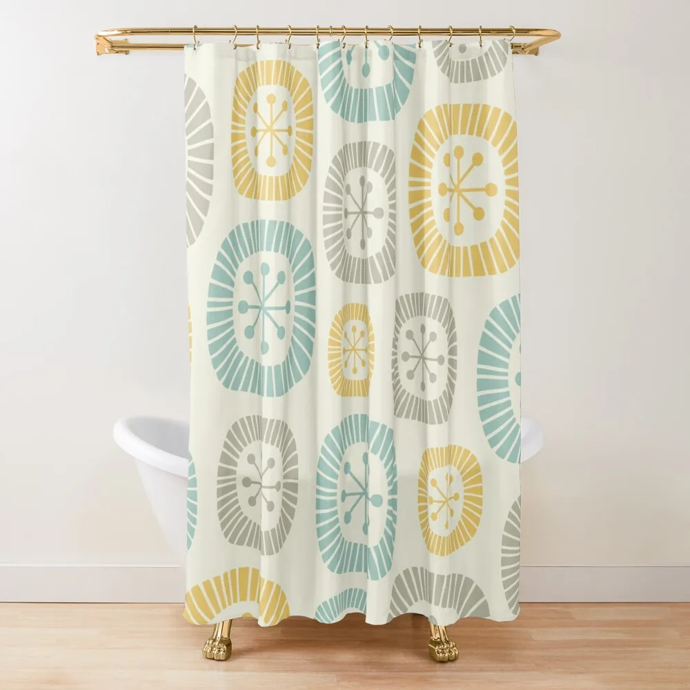 

Mid-Century Modern Atomic Abstract Composition 444 Yellow Blue Gray and Beige Shower Curtain For Bathroom Curtain