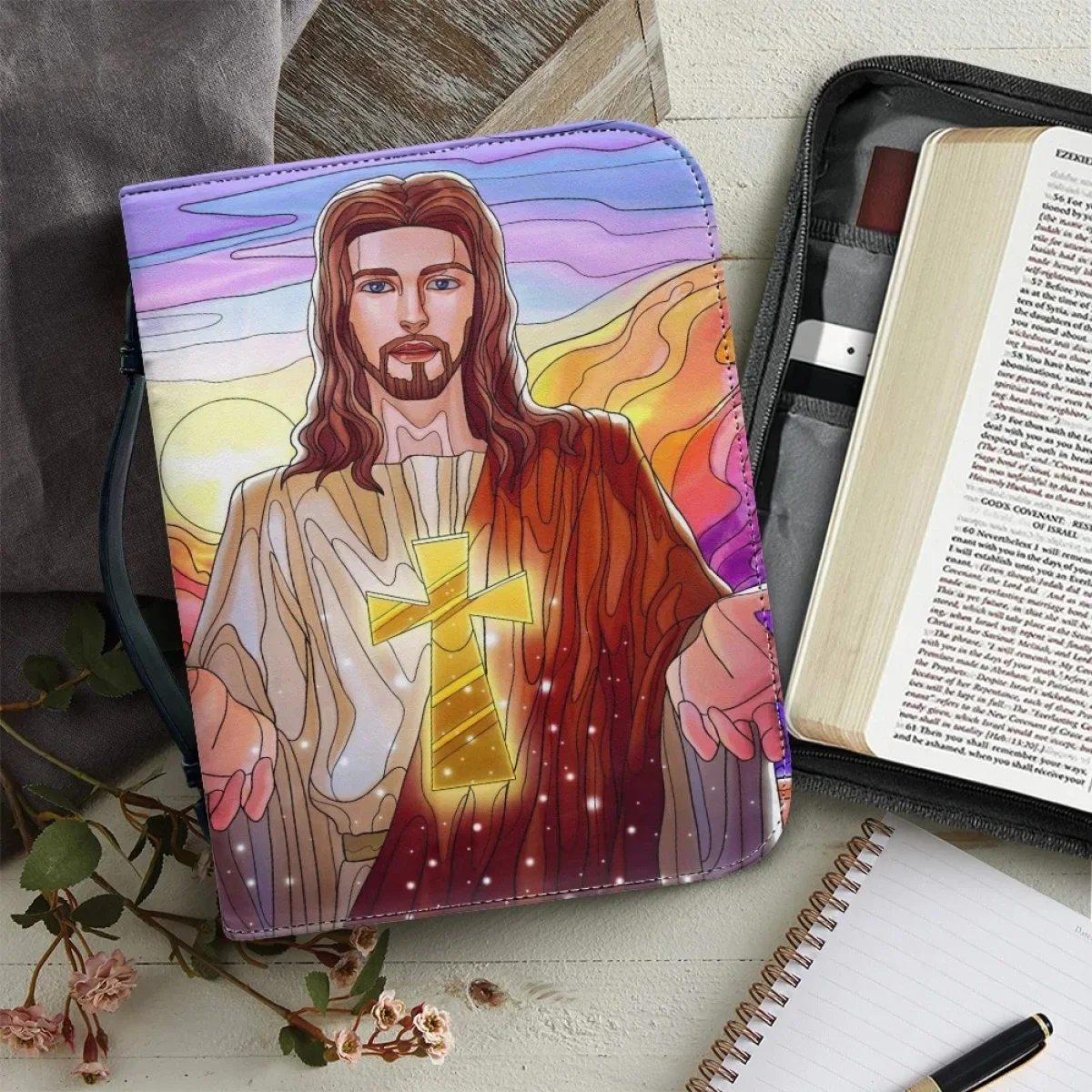 

God Jesus Print Leather Handbags for Women Zippered Handle Bible Cover Case Practical Study Book Holy Storage Boxes Bible Bag