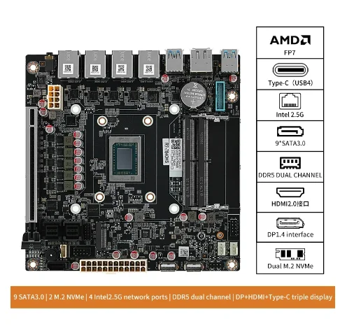 Topton-placa base NAS mini-itx, puertos AMD Ryzen 7, 8845HS, 9, 7940HS, 8 núcleos, 16 hilos, hasta 5,2 GHz, 2X DDR5, 6 bahías, 4X i226-v, 2.5GbE