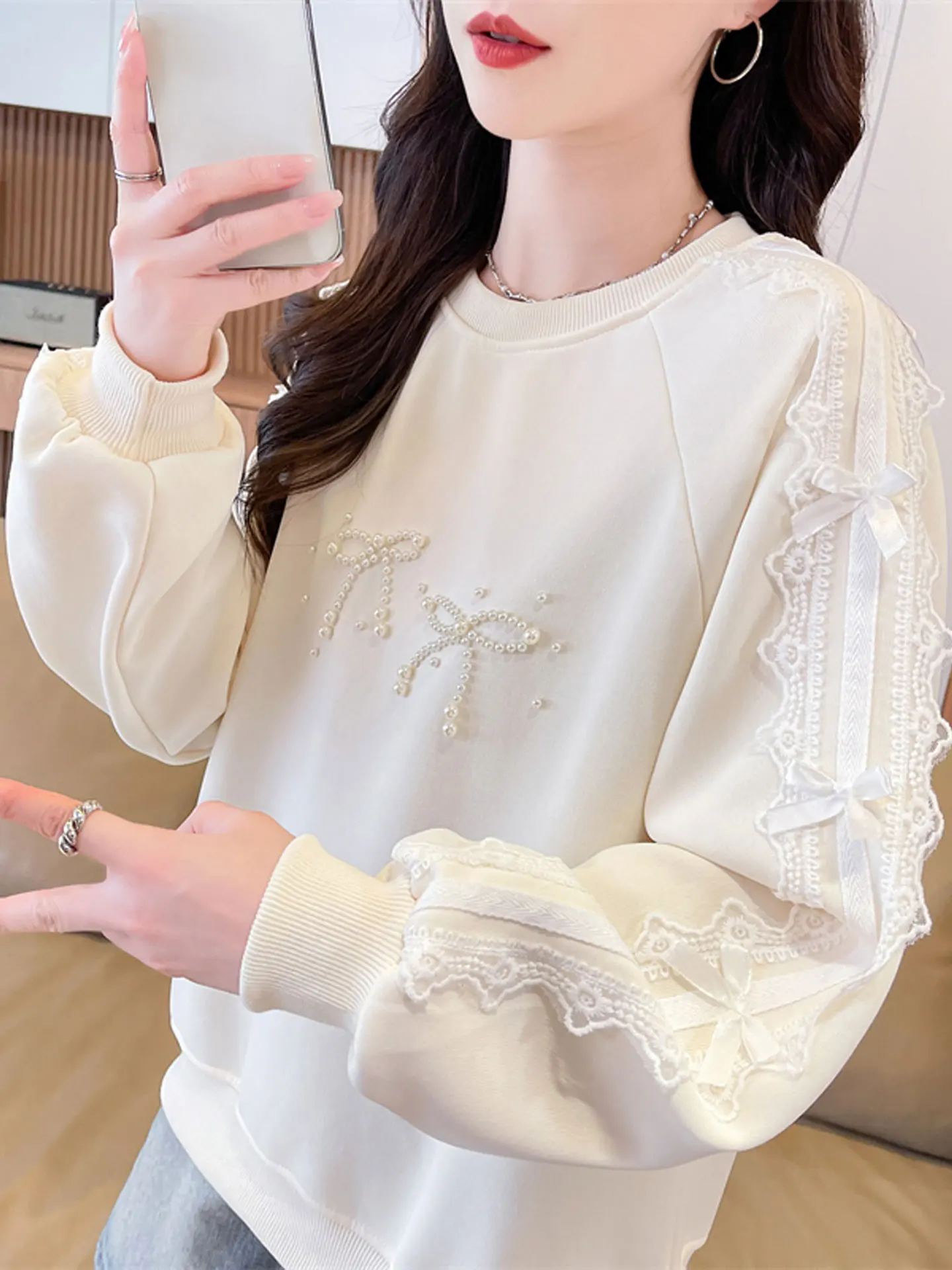 Beaded Knot Sweatshirt Women's Loose Thin Long Sleeve Lace Splice Korean Style Spring Autumn Outerwear Top