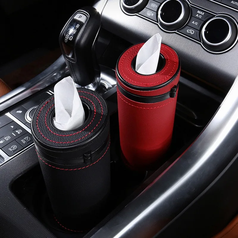 1pc Portable leather creative cylindrical tissue box, safe window breaking multifunctional tissue cup, car interior accessories