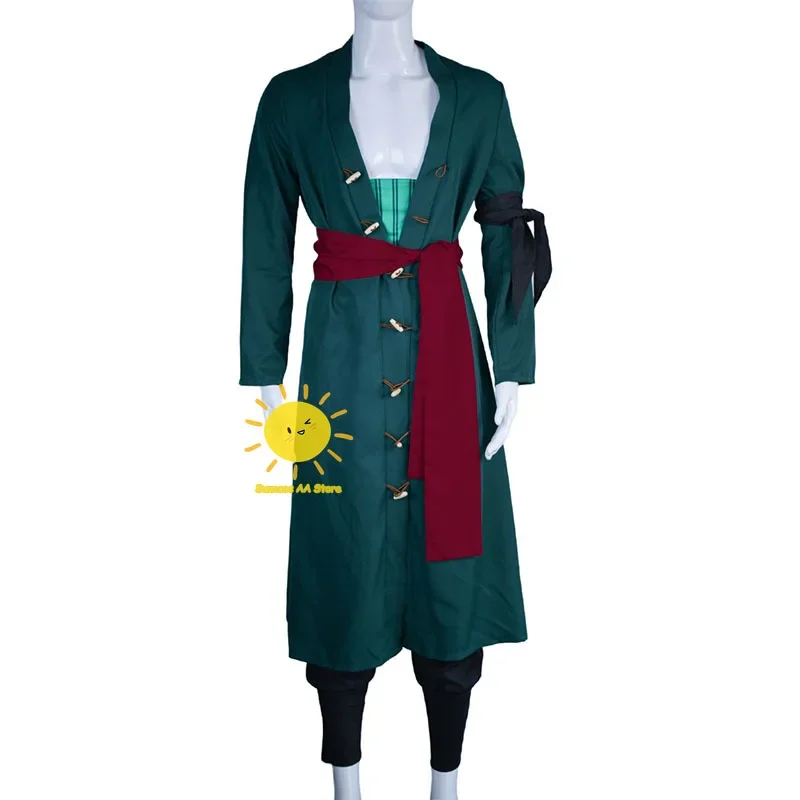 Costume de Cosplay Anime Roronoa Zoro pour Homme, Uniforme Vert Noir, Manteau, Ceinture, Pantalon, Foulard, Perruque Zoro, Boucles d'Oreilles, Vêtements d'Halloween