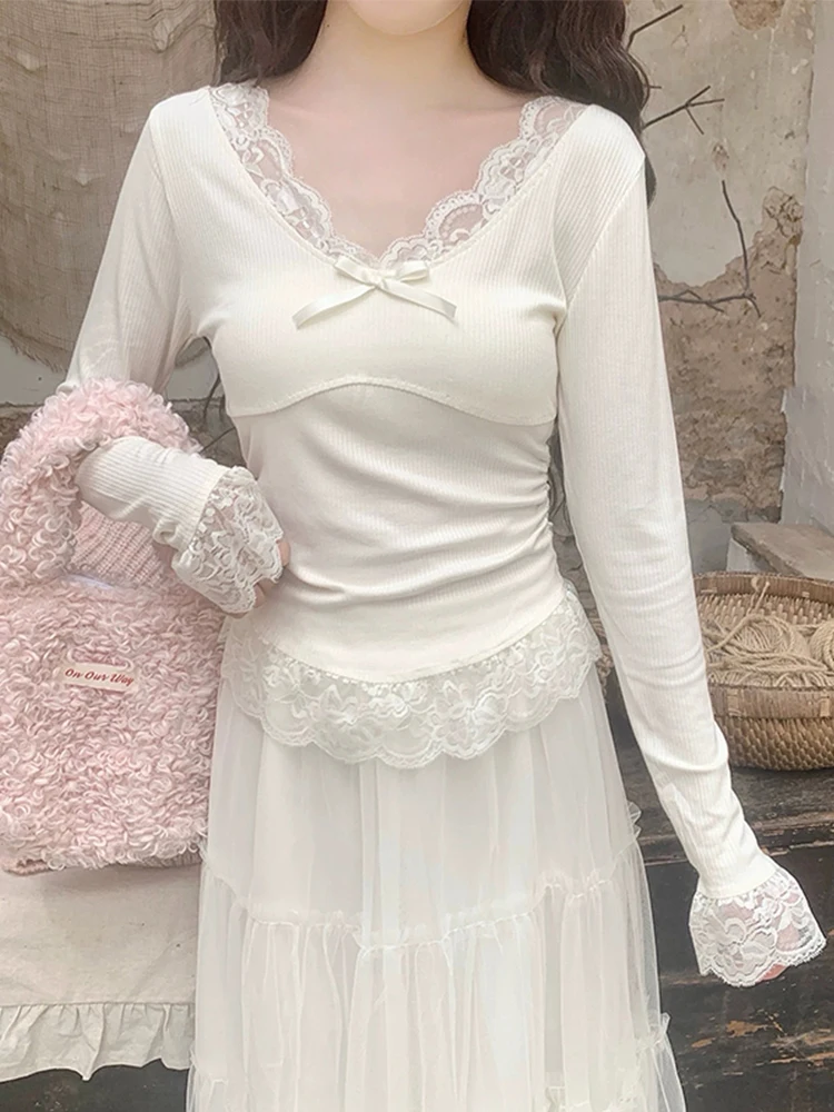 

Женская футболка с рюшами Sve V-ne Long Sve, облегающий базовый слой, кружевной лоскутный топ, корейский Sle Commute Faion