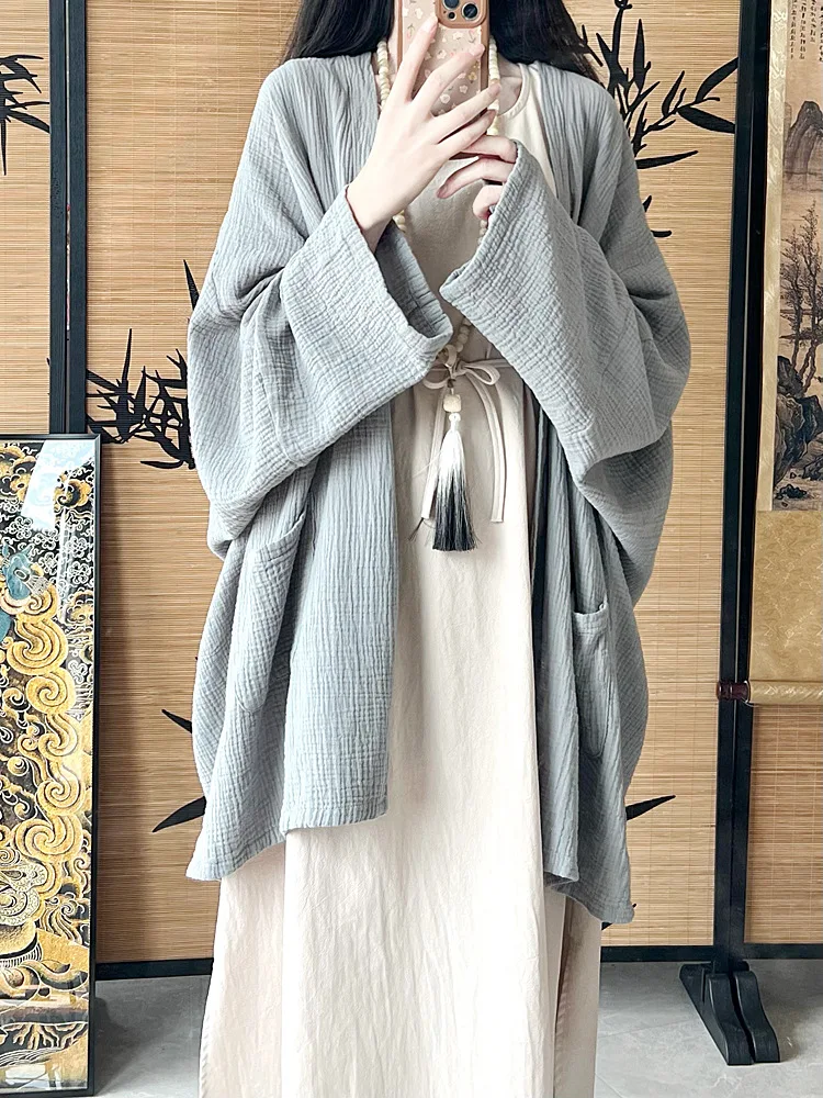 Conjunto de cardigã estilo chinês com vestido ramie sem mangas com renda e jaqueta de fio de algodão para uma sensação fresca e refrescante