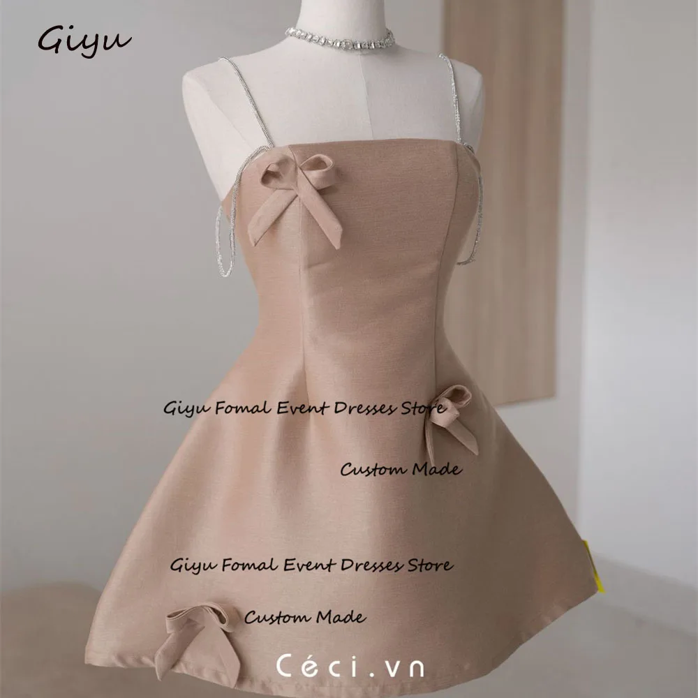 

Giyu Modern Style Pink Bow Prom Dress Spaghetti Strap Mini-length Above The Knee Summer Dress Birthday Party Dress