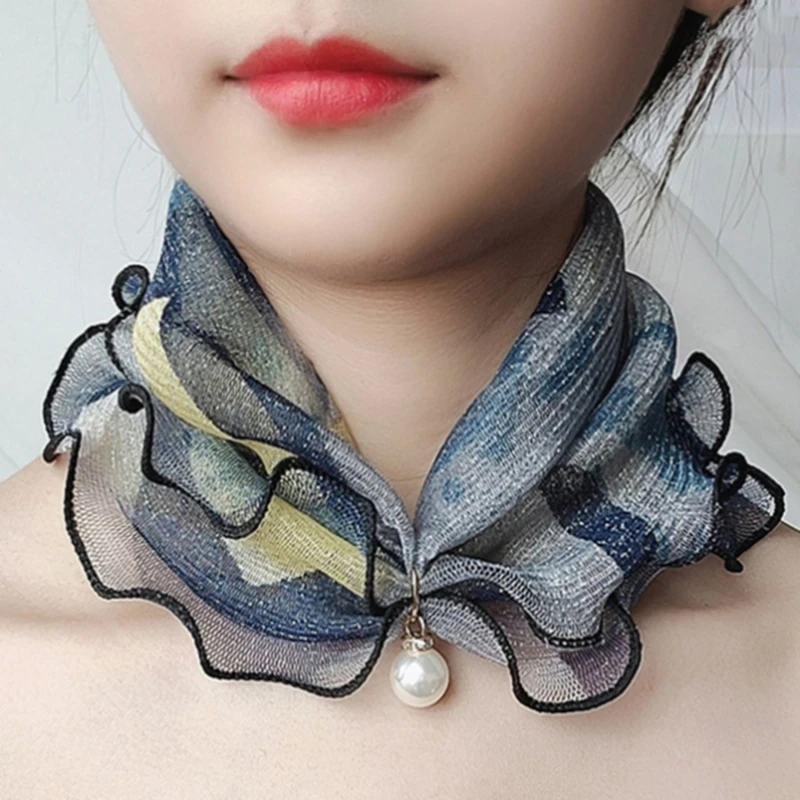 Fake Pearl Pendant Organza Neck Collar Chiffon Scarves Lace Pearls Scarf Fashion Print Shiny Variety Scarf Clothing Accessories