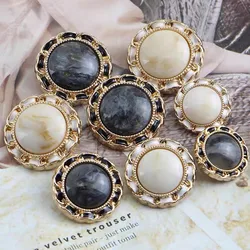6Pcs Retro White Black Pearl Metal Version Chain Edge Button DIY Blazer Coat Knit Sweater Scrapbooking Clothing Accessories