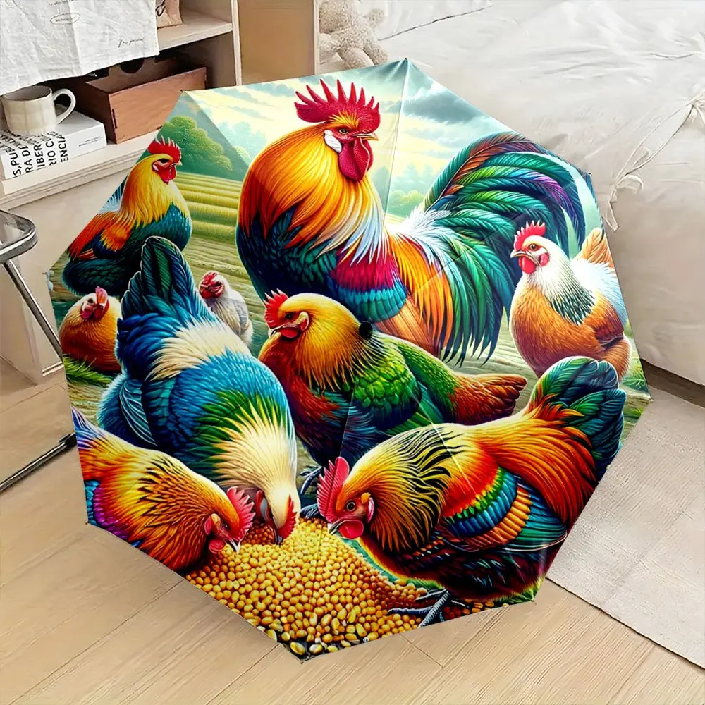 

Автоматический складной зонт с ярким принтом петухов и кур, питающихся кукурузой - прочная 8-спицевая конструкция, купол из ткани понджи 210T