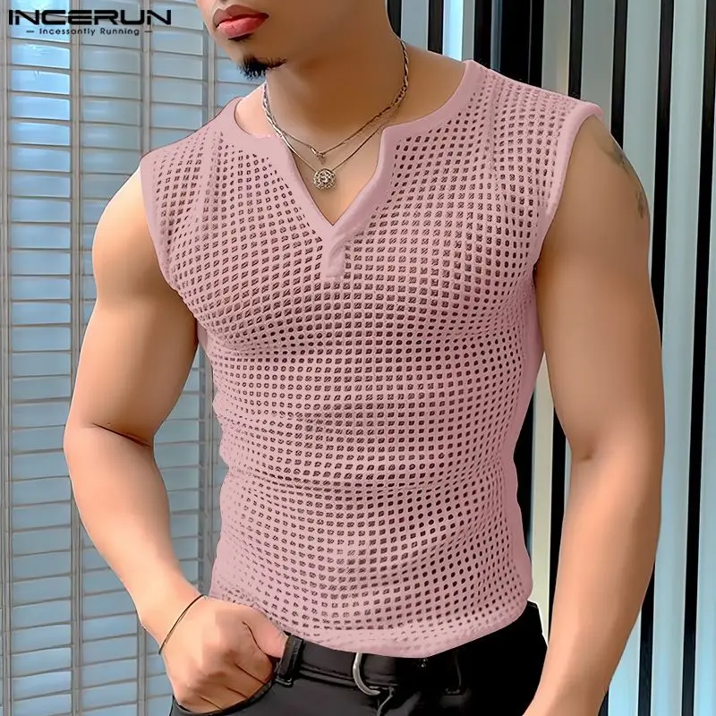 2024 Men Tank Tops Mesh Hollow Out Solid V Neck Sleeveless Summer Male Vests Streetwear Transparent Fashion Men Clothing INCERUN