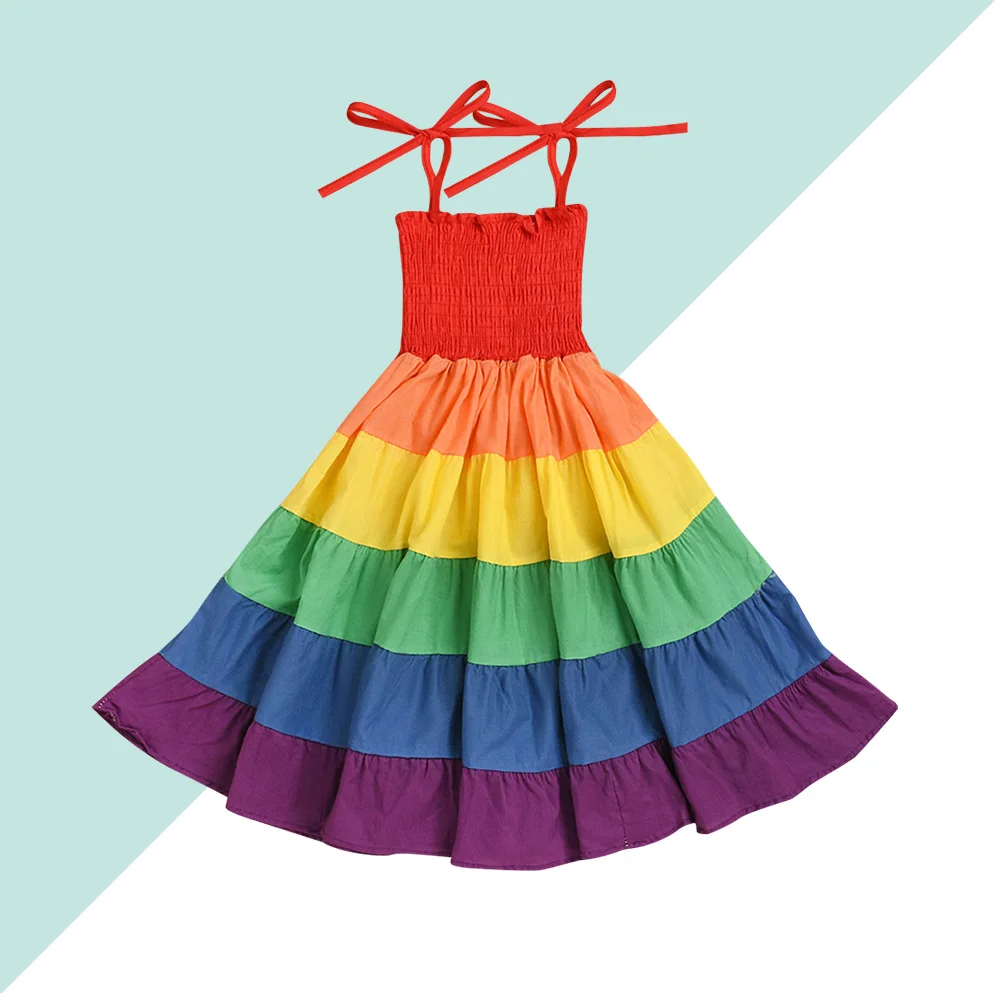 

1 Pcs Dynamic Rainbow One-piece Skirt Beach Dress Sleeveless for Kids Birthday Party Circus Performance (Fit for 140cm)