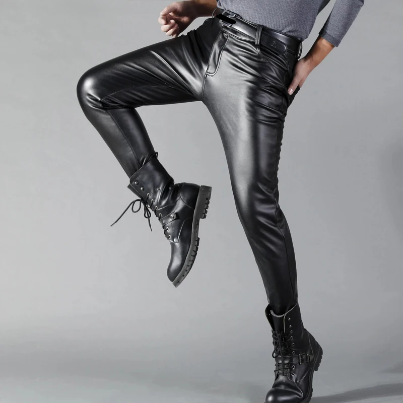 Men Leather Pants Skinny Fit Elasti Fashion PU Leather Trousers Motorcycle Pants Wet Look Stretch Faux Leather Streetwear