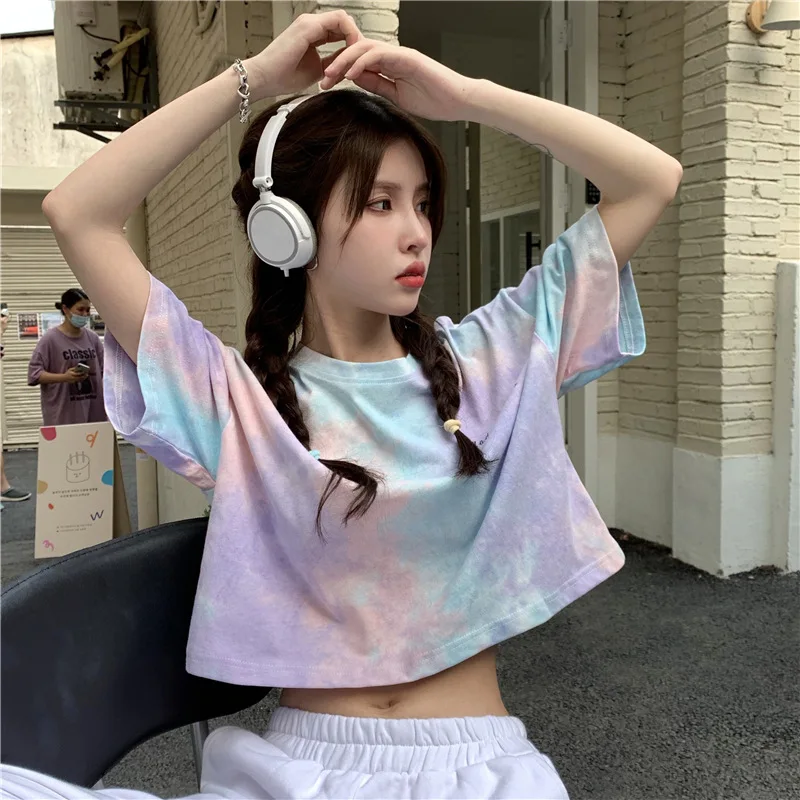 Summer Korean Fashion Y2K T-shirt Woman Japanese Tie-Dye INS Crop Top Women Sexy Vintage Tee Shirt Short Sleeve Clothes