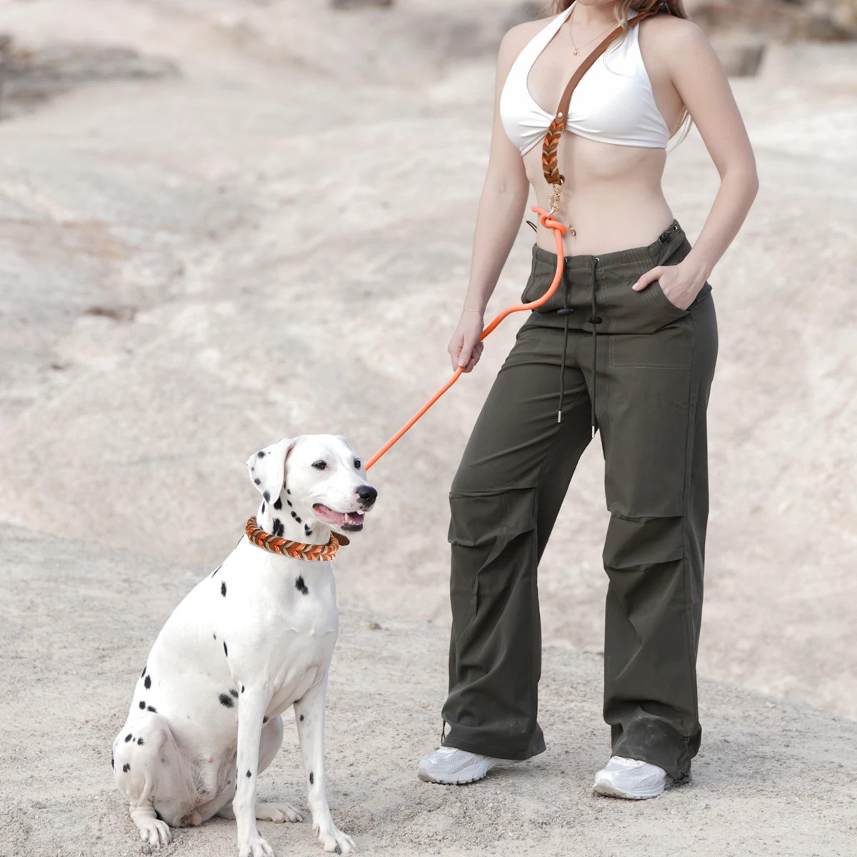 Braunes Leder-Hundehalsband und Leinen, Anzug, gewebte Muster, wunderschönes, langlebiges Nylon, orange Farben, Seil, freihändiges Design, 2026, neu – Detail 6