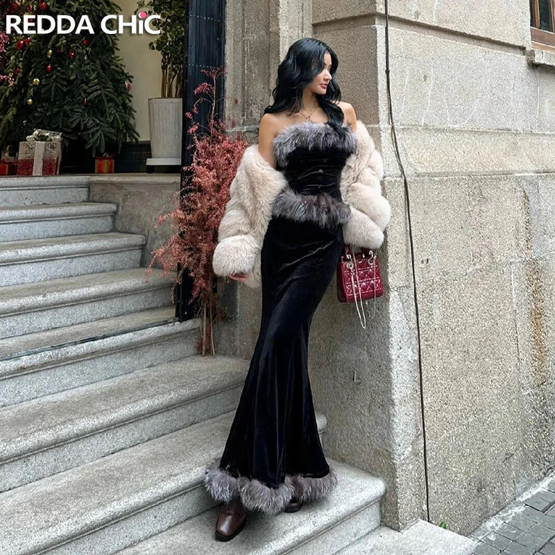 

REDDACHiC Faux Fur Croset Maxi Long Skirt Set Women Black Velvet Retro Patchwork Tube Top Fishtail Skirt Elegant Winter Clothes