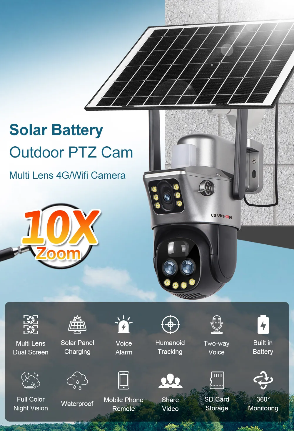 LS VISION V380 Dual Lens WIFI/4G Camera Solar 10X Zoom PIR Human Detection Night Vision Outdoor Security Video Cam 8MP 4K Cctv