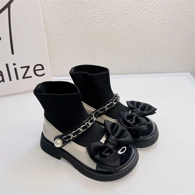 2024 New Girls' Spring And Autumn Children's Leather Shoes Knitted Spliced Fashion Socks Baby Short Boots Size 21-30