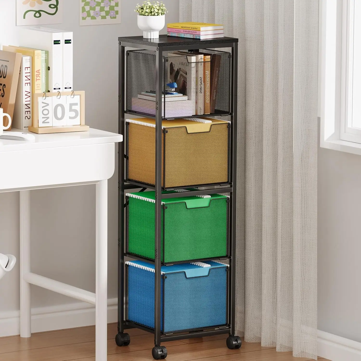 

4-Drawer Rolling File Cabinet with Wheels, Mobile Printer Stand for Home Office, Black