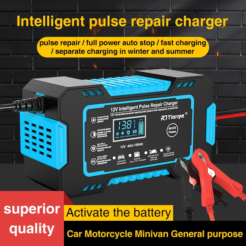 6A Full Automatic Car Battery Charger Foxsur Battery Charge Lifepo4 Battery 12V  Digital Display 100AH Gel Battery Wet Dry Lead