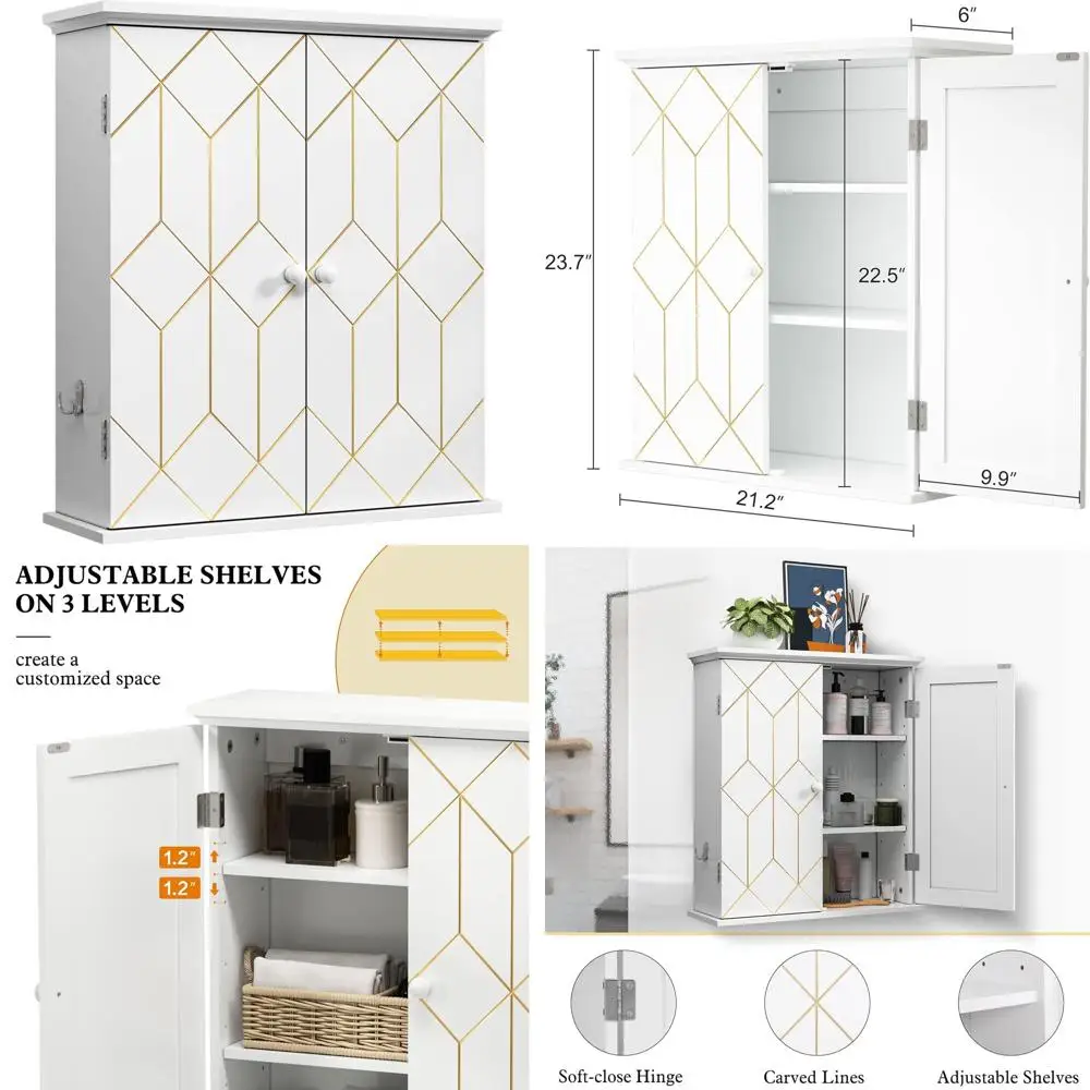 

Wall-Mounted Gold-Trimmed Bathroom Cabinet with Adjustable Shelves and Hooks, Space-Saving White Storage for Living Room and Lau