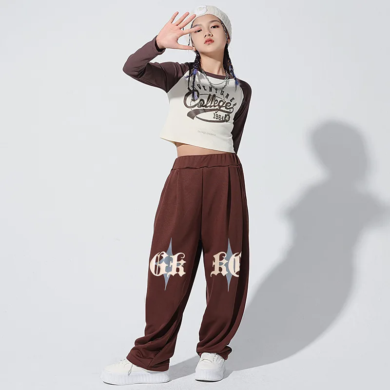 Kid Hip Hop Clothing Crop Top Long Sleeve T Shirt Coffee Loose Casual Streetwear Sweat Pants for Girl Jazz Dance Costume Clothes