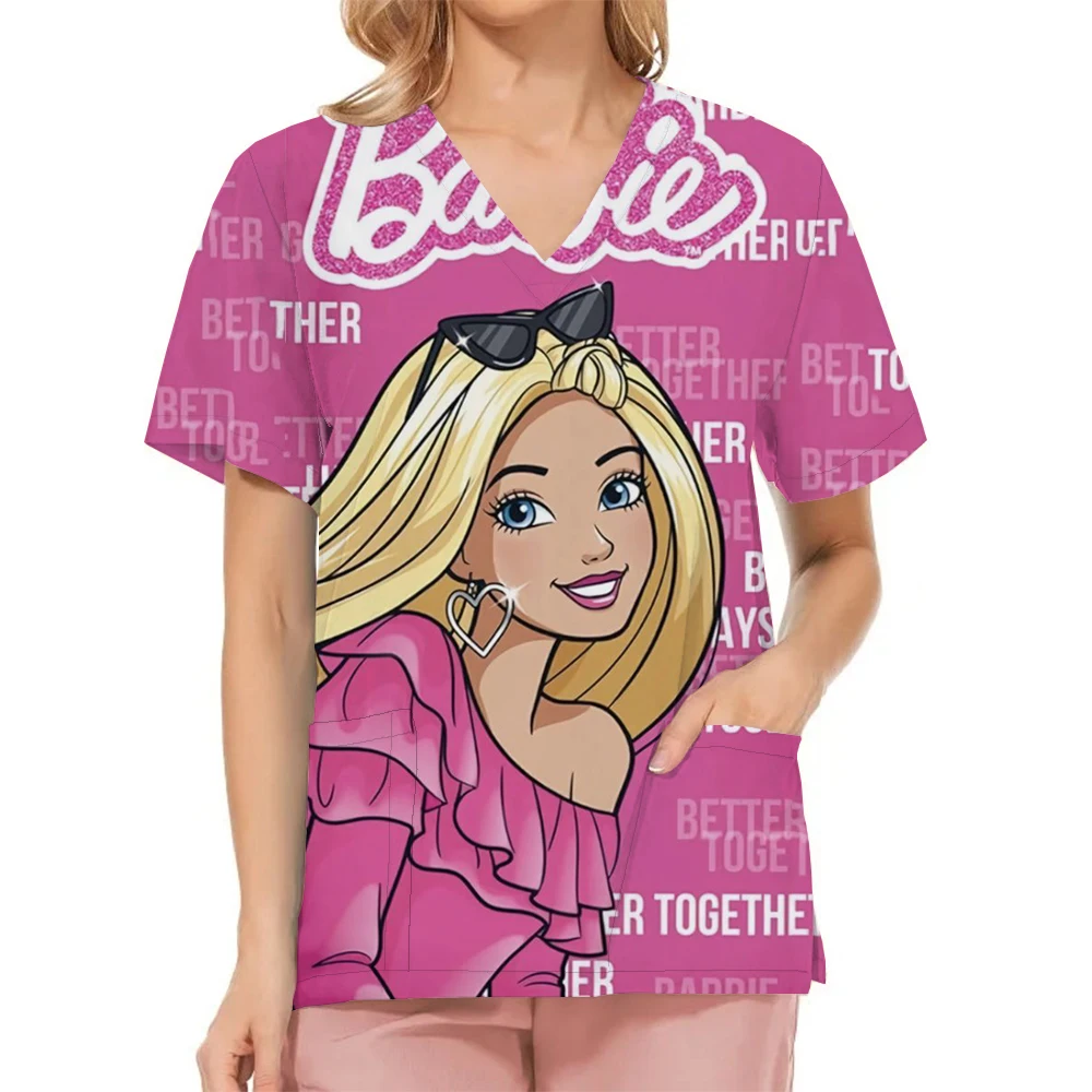 2024 Barbie Print Scrub Tops Women Dentist Working Uniform Nurse Scrub Uniformes Medicos Para Mujer Tooth Hospital Workwear Cute