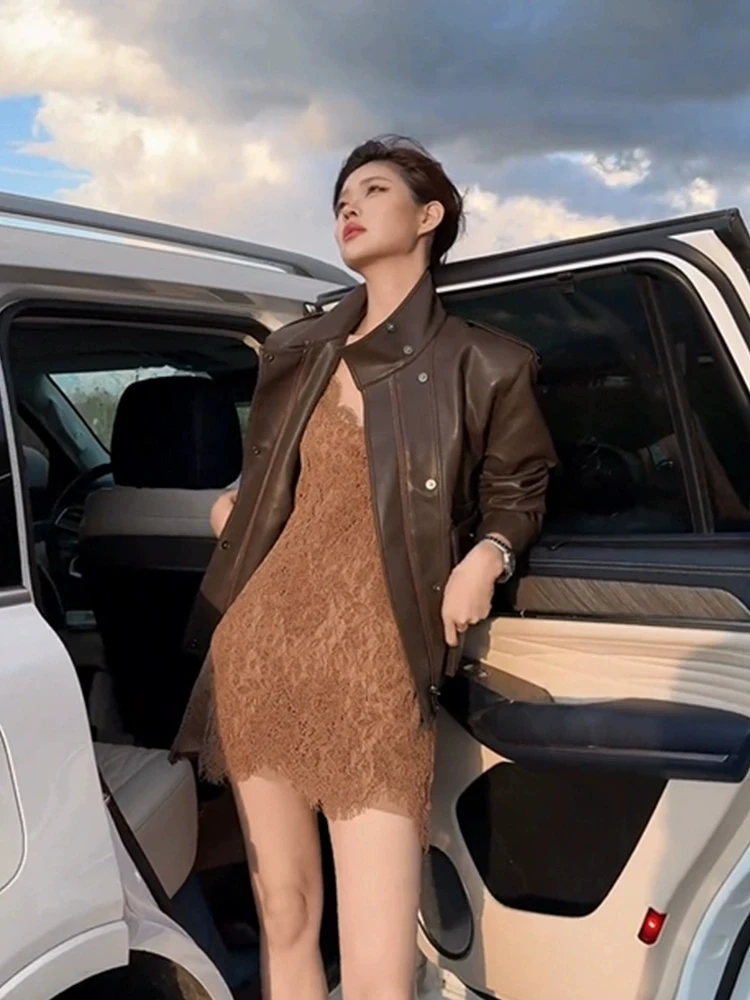 

Винтажный кожаный жакет XZY для женщин, комплект из двух предметов с кружевной отделкой для ранней осени, большие размеры, модный ретро-стиль, полиэстер