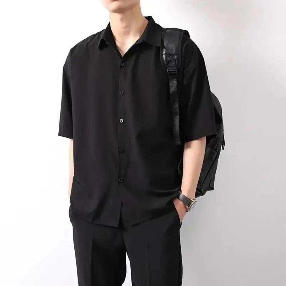 Men Casual Shirt Men's Casual Loose Fit Ice Silk Shirt with Turn-down Collar Half Sleeves Stylish Button-up Top for School