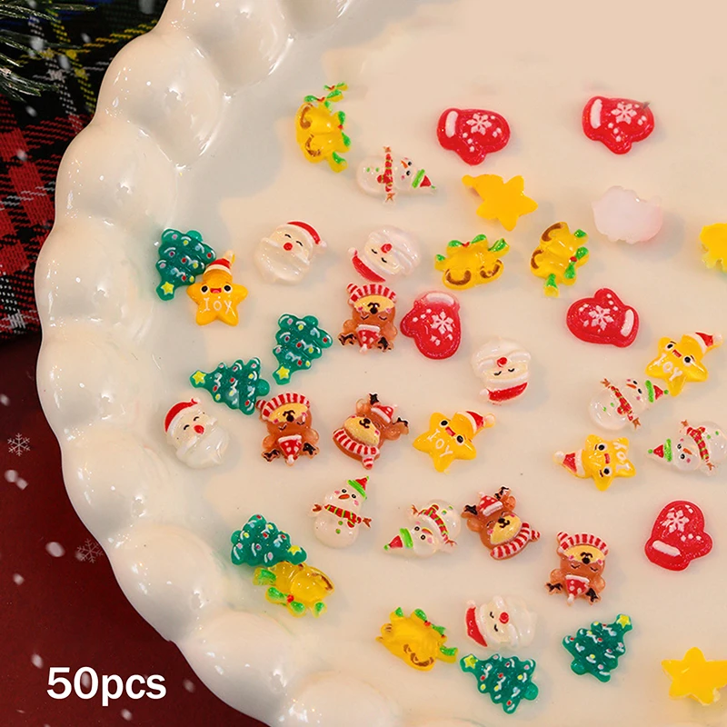 50 Uds. De resina de dibujos animados, serie navideña, Papá Noel, muñeco de nieve, Reno, decoración artística de uñas para manicura DIY