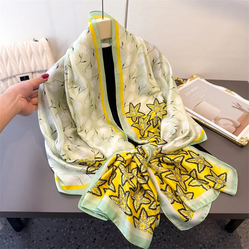 

2025 180*80 см, модная большая бандана, популярные атласные шелковые шали, шарфы, роскошный принт, солнцезащитный крем, пляжный женский платок, хиджаб Echarpe