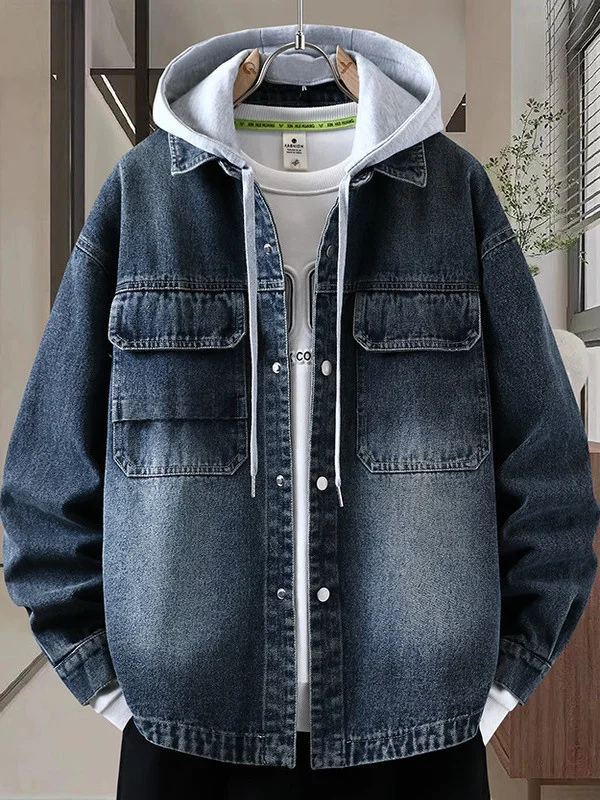 

Trendy Denim Jaet for Teens Boys with Hood Stand Fit Cotton Polyester Blend Spring Autumn Wear Casual Outerwear