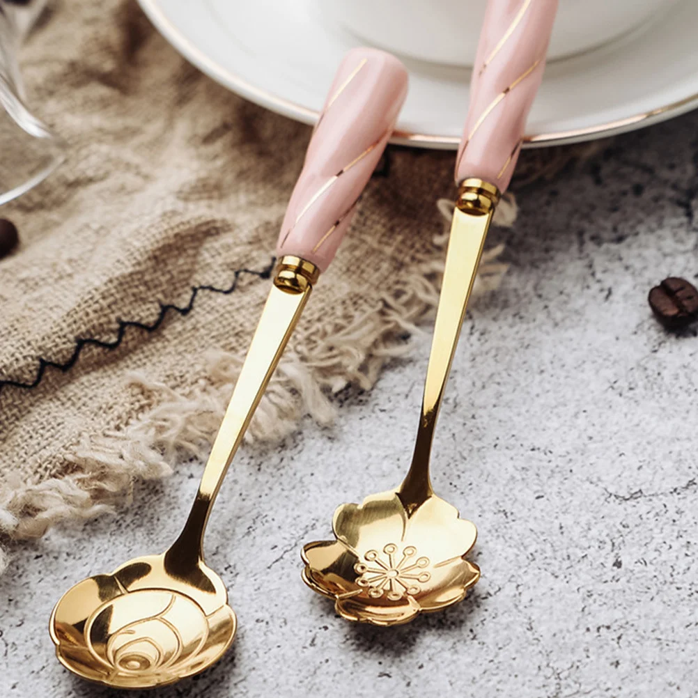 

4Pcs Flower Design Ceramic Handle Spoon Coffee Dessert Ice Cream Scoop Multipurpose Household Kitchen Spoon
