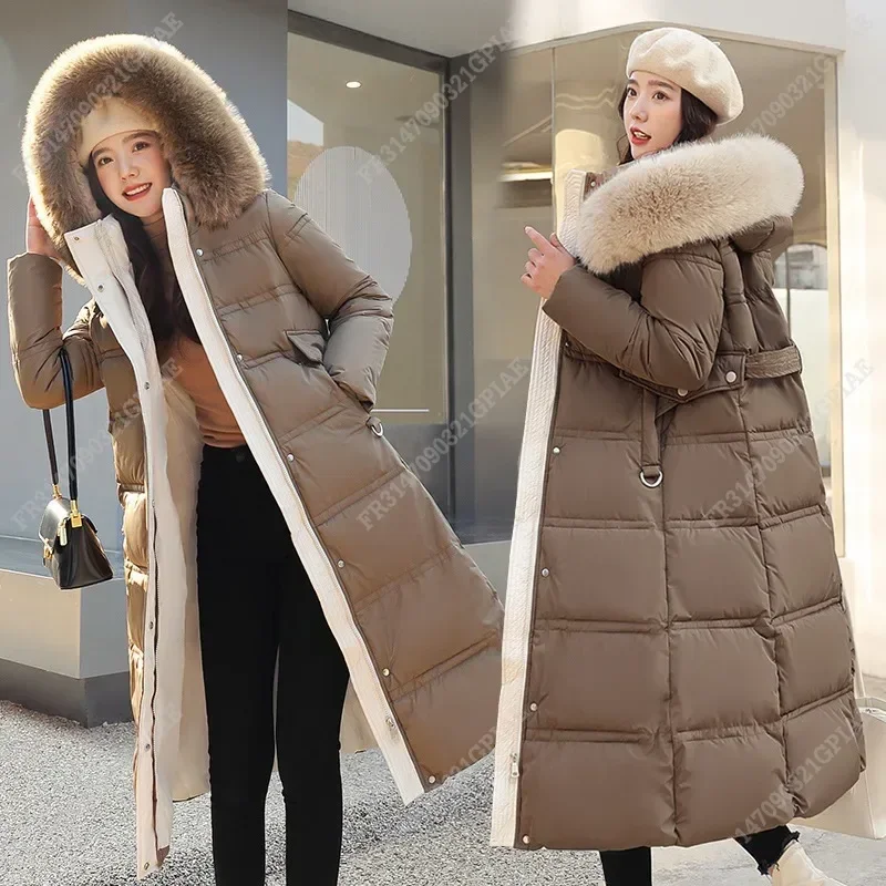 2024 Winter New Down Cotton Parkas Jacket Women's X-Long Faux Fur Collar Padded Jacket Thick Loose Large Size Padded Jacket