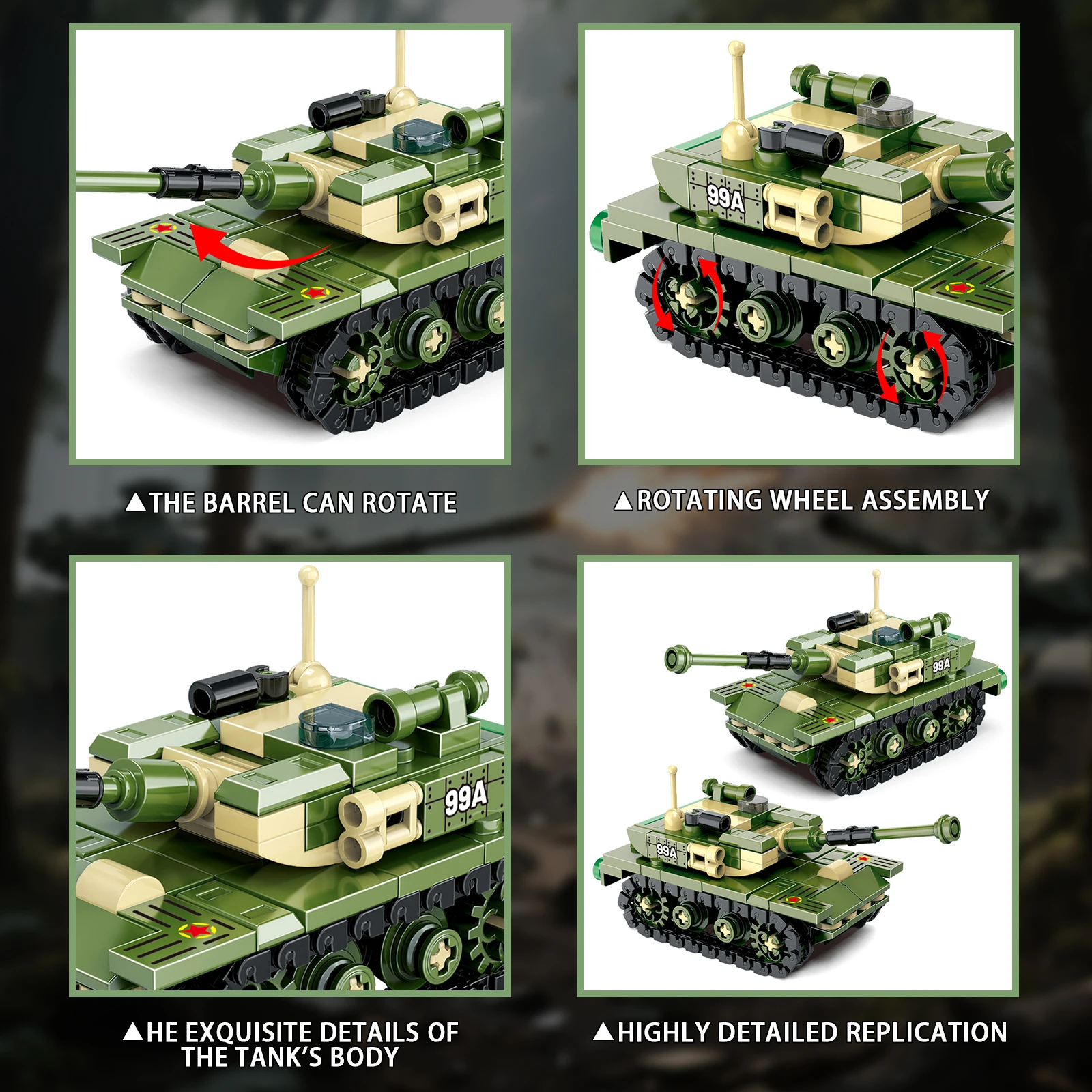 ‌ MOC 99A 메인 배틀 타이거 중전차 M1A2 탱크 3피스 세트, 전쟁 군사 빌딩 블록 모델 브릭 키트 세트 아이디어