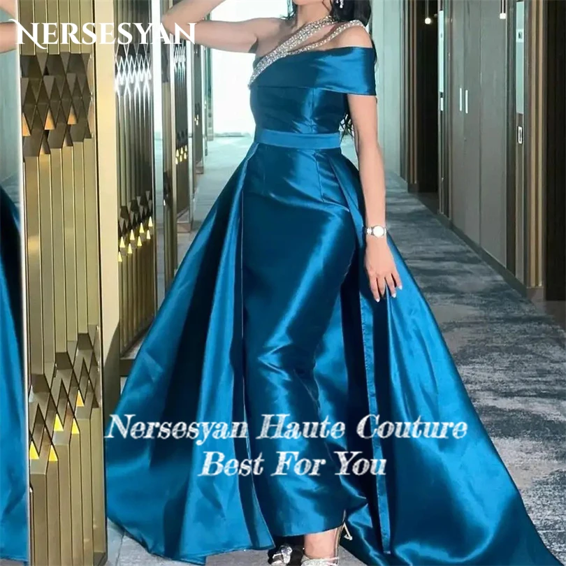 Nersesyan Fashion Blue Satin Mermaid Evening Gowns Shiny One Shoulder Party Dresses Floor-Length Special Occasion Dress 2023