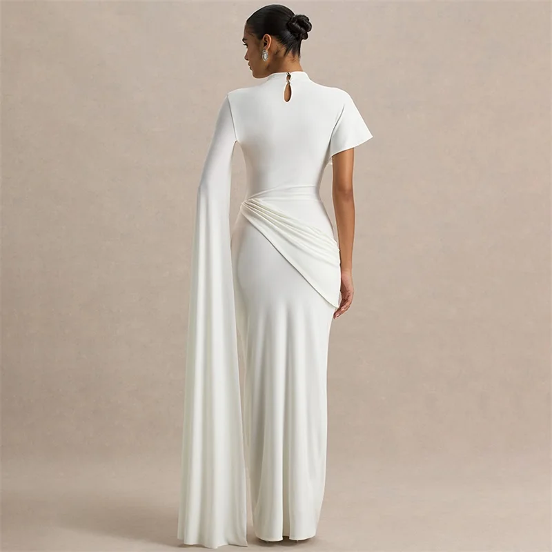 فستان حفلة موسيقية بني أبيض كيب ملفوف مثير بأكمام قصيرة وغمد طويل لحفلات الزفاف الكشكشة رداء رسمي لحفلات الزفاف وأعياد الميلاد