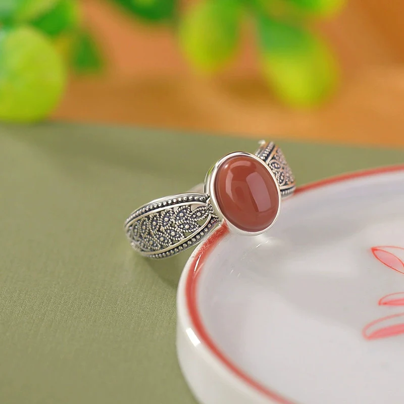 Ethnic Style Southern Red Ellipse Ring Retro Thai Silver Wheat Ear Rings Versatile Index Finger Jewelry For Female KOFSAC
