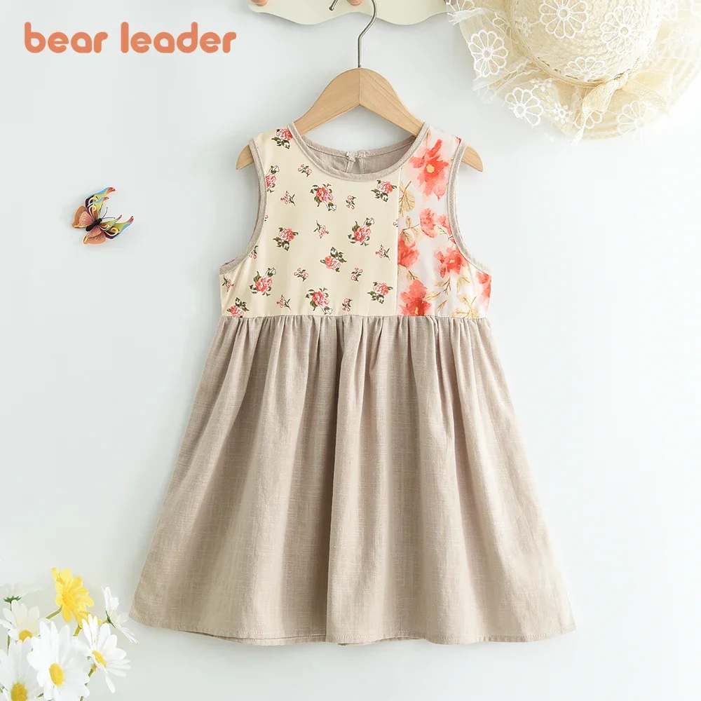 Bär Führer Sommer Neue Koreanische Version Khaki Mädchen Kleider Blume Drucken Patchwork Kleider Ärmellose Rundhals Kinder Kleidung