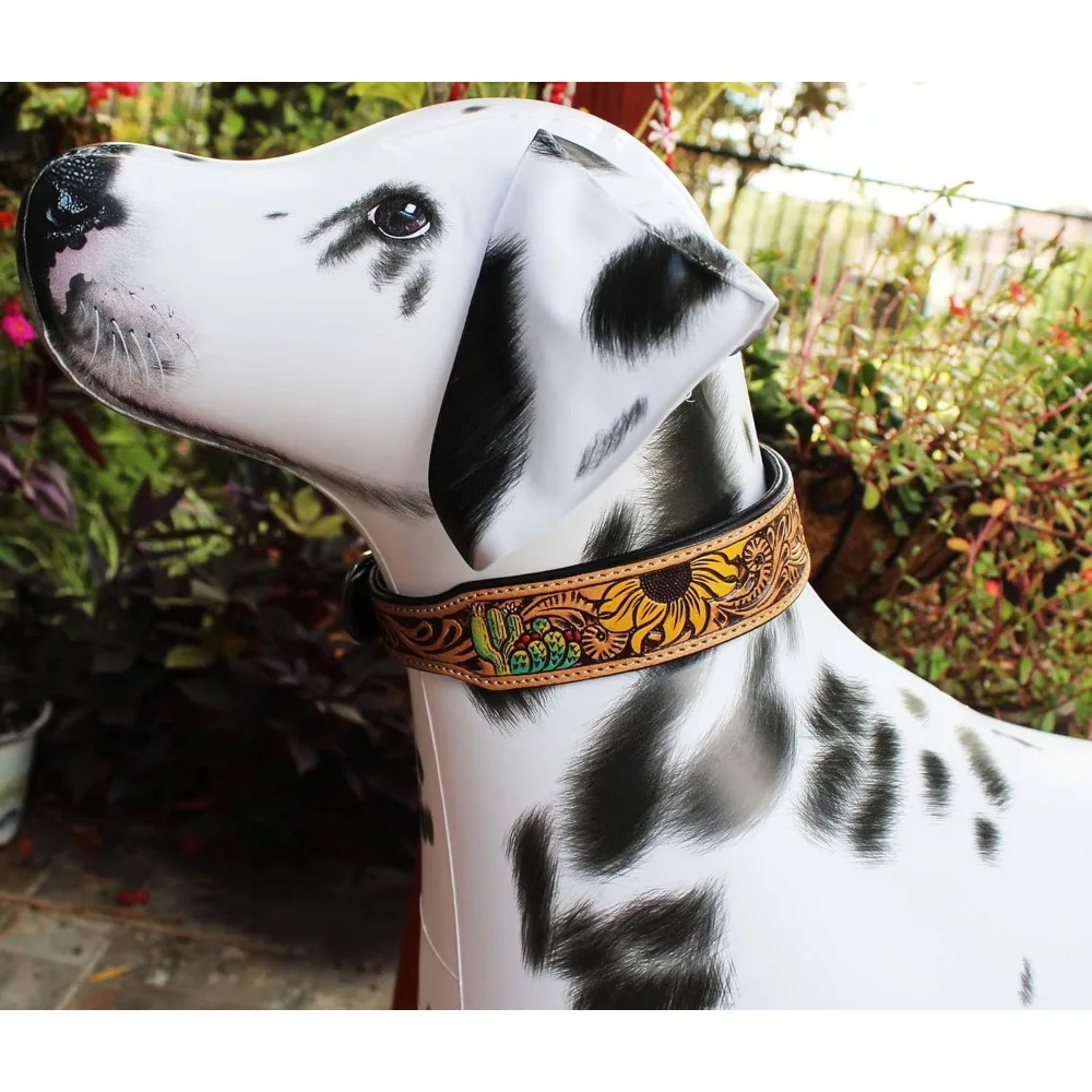 Handcrafted Leather Dog Collar with Padding, 17-21 Inches, Tooled Design for Medium Dogs