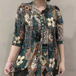 Women Clothes Casual Vintage Floral Print Ethnic Style Ice Silk T-shirt Summer Fashion O Neck 3/4 Sleeve Loose Tunic Ladies Tops