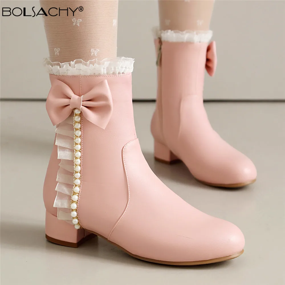 2026 Winter New Women Boots Girls Booties Thick Heel Low-heel Short Boots Side Zippe Lace Bow Botas Mujer Shoes Pink White Black
