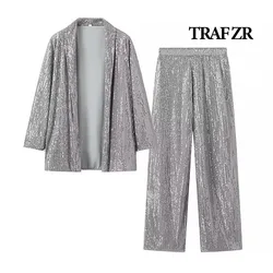 TRAF ZR High Street Elegant Women's Pants 2024 Sets Sequins Two-piece Set Groups of Pant Women's Tracksuit Y2k Pants Suit