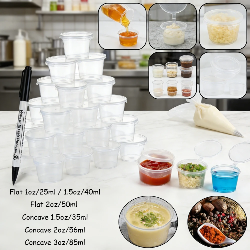 

50Pcs Bulk Disposable Sauce Containers, 25-85ml Plastic Cups with Lids for Dips, Samples & Food Storage, Leak-Resistant