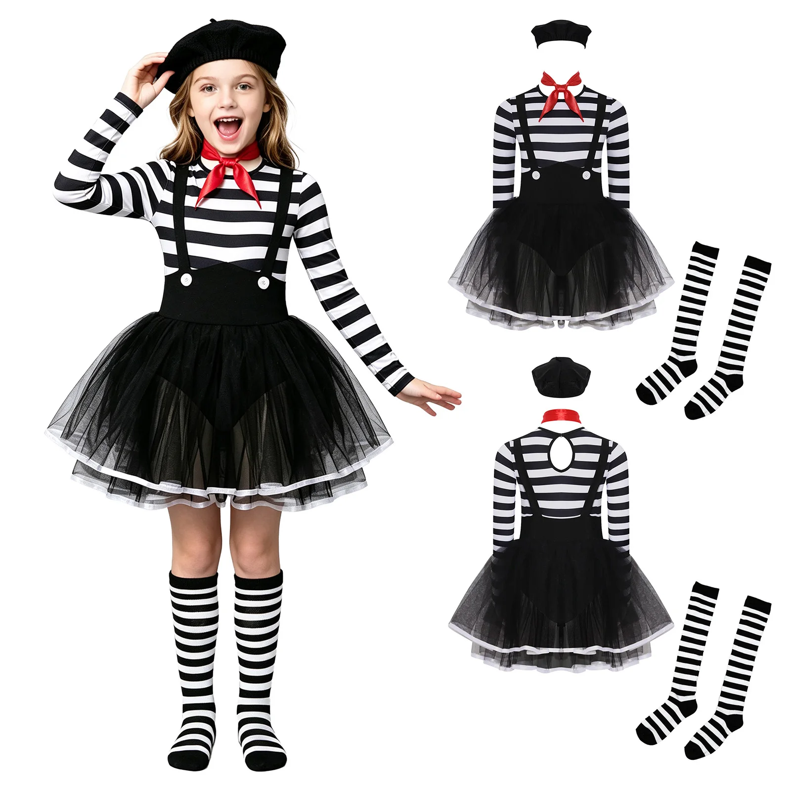 Halloween Circus Clown Cosplay Costumes Girls Striped Ballet Leotard Dress Long Sleeve Layered Ruffled Tutu Skirt Hats Scarf Set
