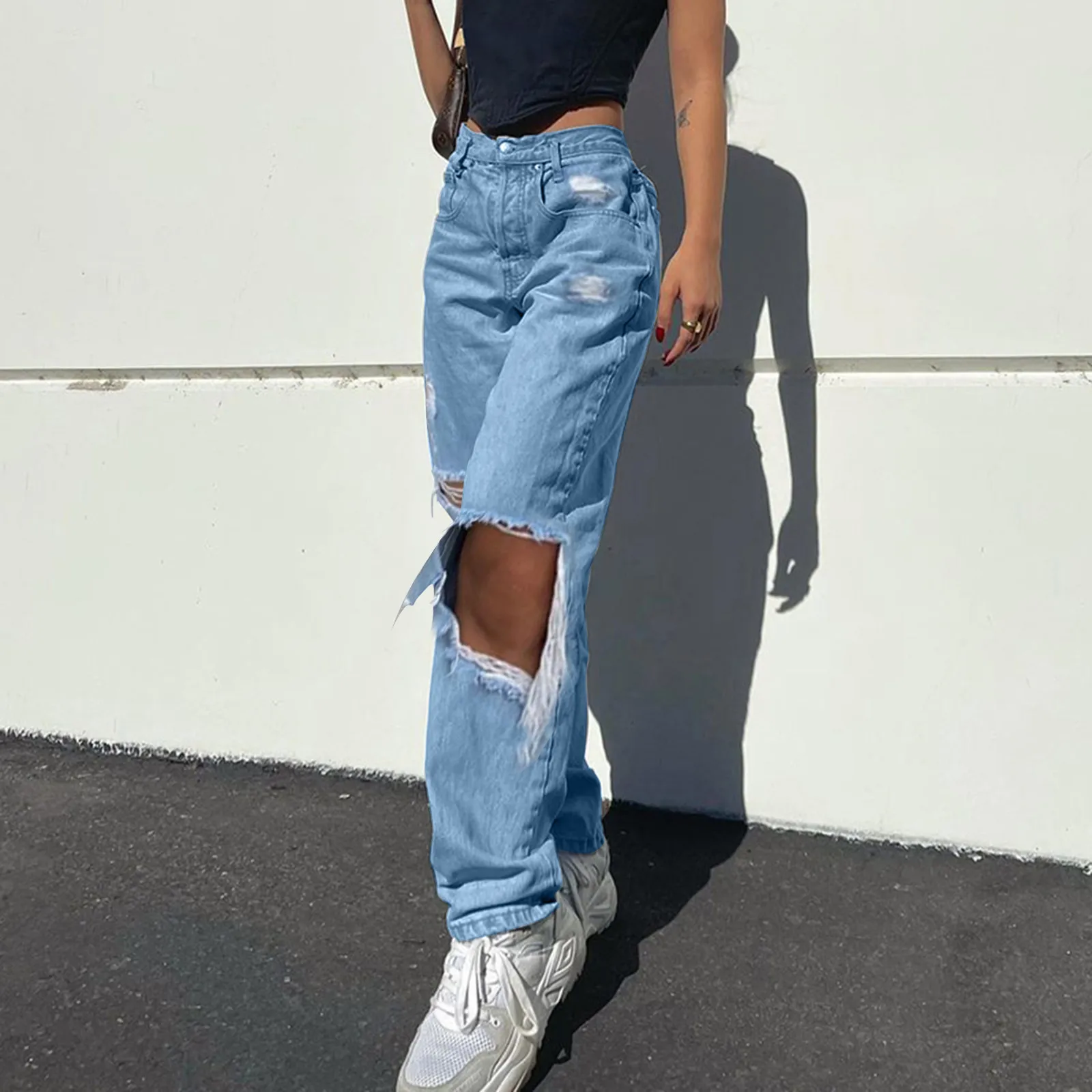 

Women Loose Denim Jeans 2024 Ripped Wide Leg For Women High Waist Blue Wash Casual Cotton Denim Trousers Baggy Jean Pants