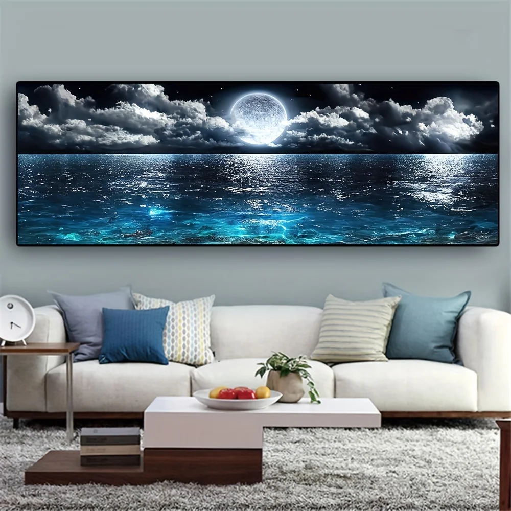 Large Horizontal Moonlit Sea Canvas Print | Night Ocean with Full Moon Wall Art | Modern Coastal Home Decor
