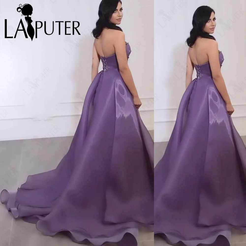 Grape Purple Organza Prom Dresses A line Sweep Train Girl Party Gown Off Shoulder Ruched Bead Sequins Inner Short Evening Dress