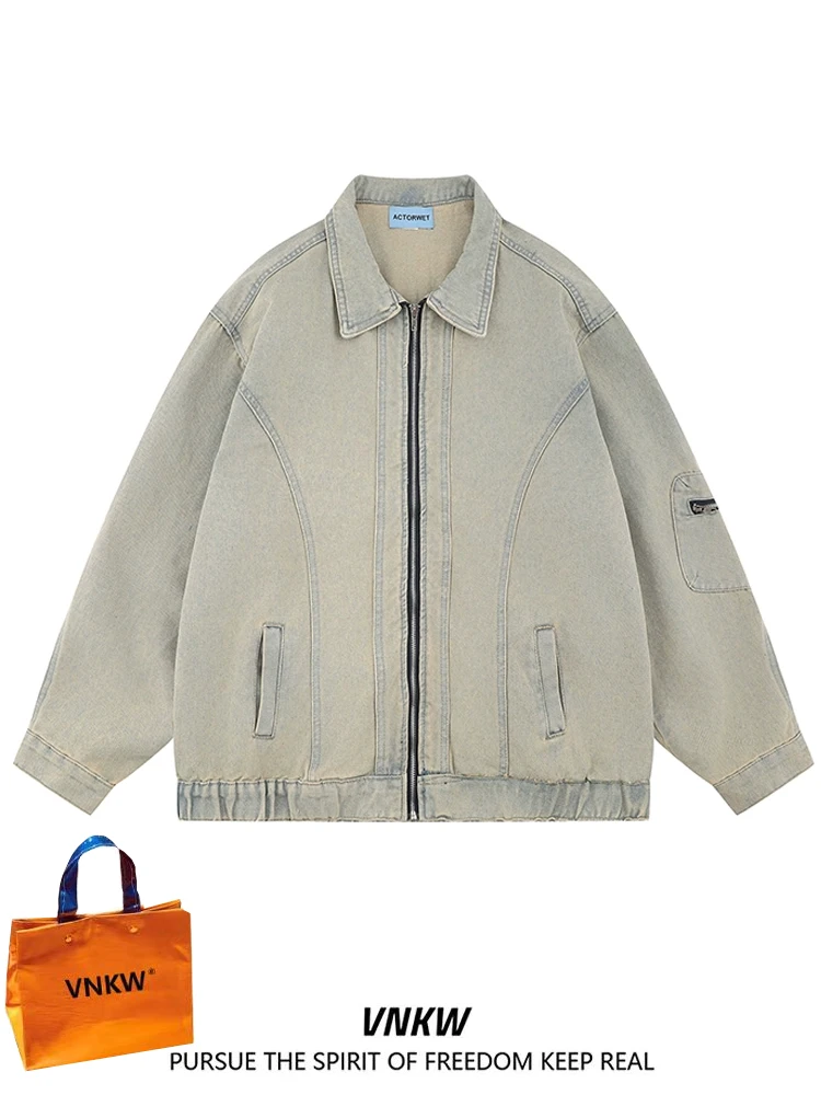 

Retro American Yellow Mud Waed Denim Jaet Loose Casual Outerwear for Men Street Sle Spring Autumn Winter Youth Faion